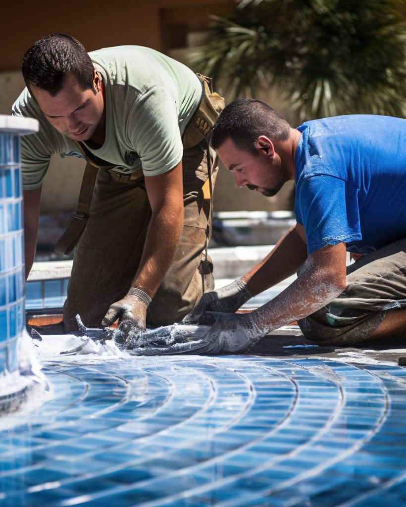 Two men working on installing blue tiles in a swimming pool, focusing on cladding and luxurious textures. Light bronze and azure, vibrant mosaic, contrast of textures